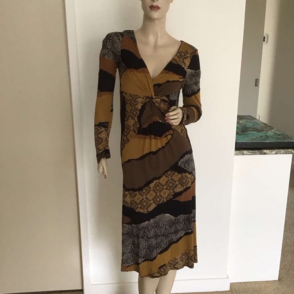 ETRO Brown Twist Bust‎ Floral Print Longsleeve Crepe Dress 42 US 6